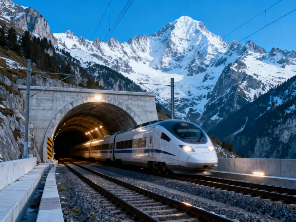 Nowoczesny pociąg wjeżdża do oświetlonego tunelu kolejowego w austriackich Alpach na tle ośnieżonych szczytów górskich.