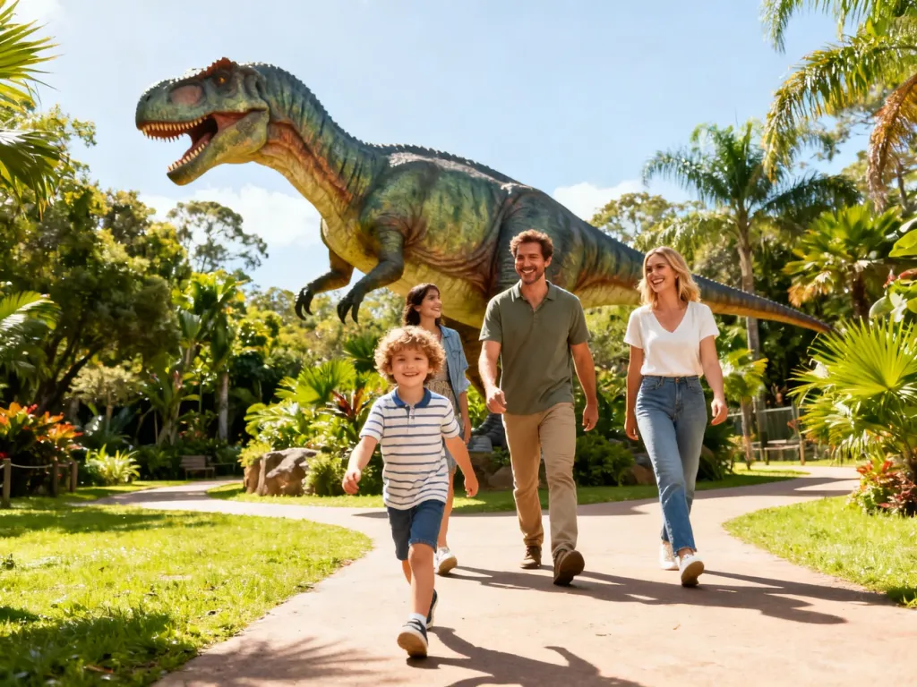Szczęśliwa rodzina spacerująca po JuraParku w Bałtowie w otoczeniu realistycznych figur dinozaurów.
