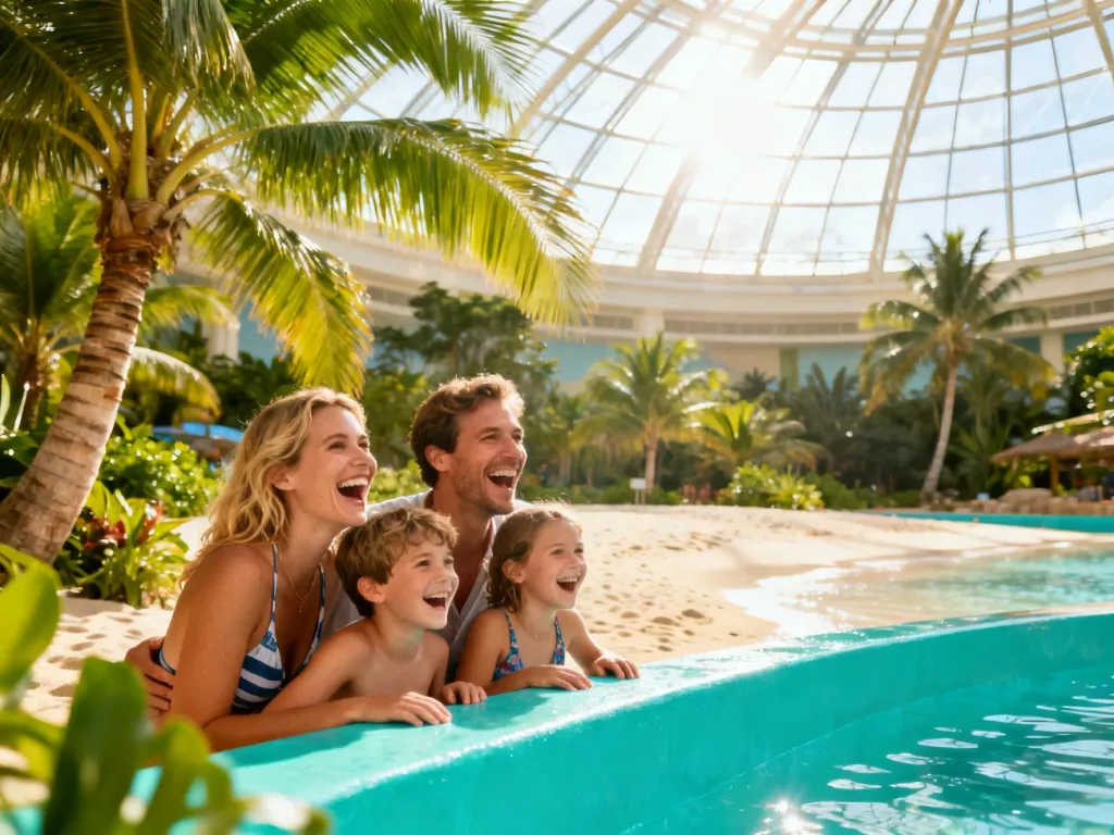 Szczęśliwa czteroosobowa rodzina wypoczywająca w basenie w tropikalnym parku wodnym Tropical Islands.
