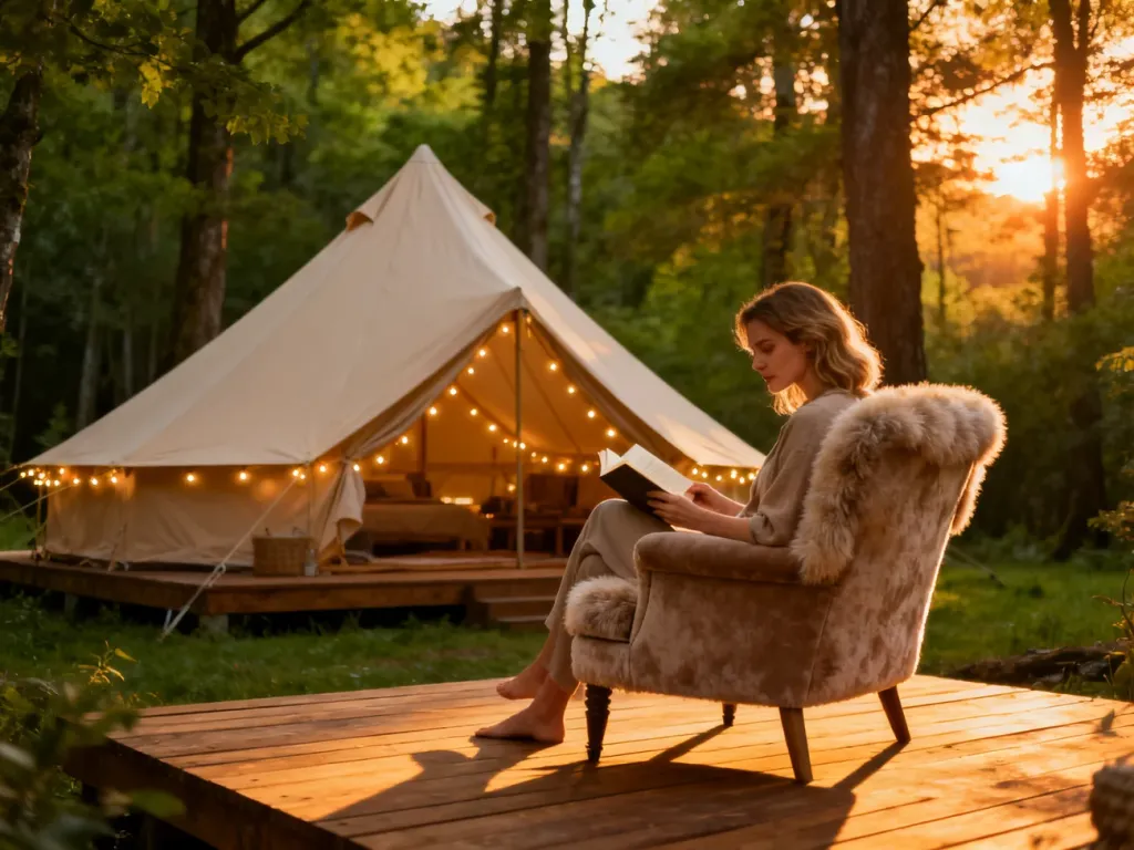 Luksusowy namiot typu glamping w lesie o zachodzie słońca, gdzie kobieta czyta książkę na przytulnym tarasie.