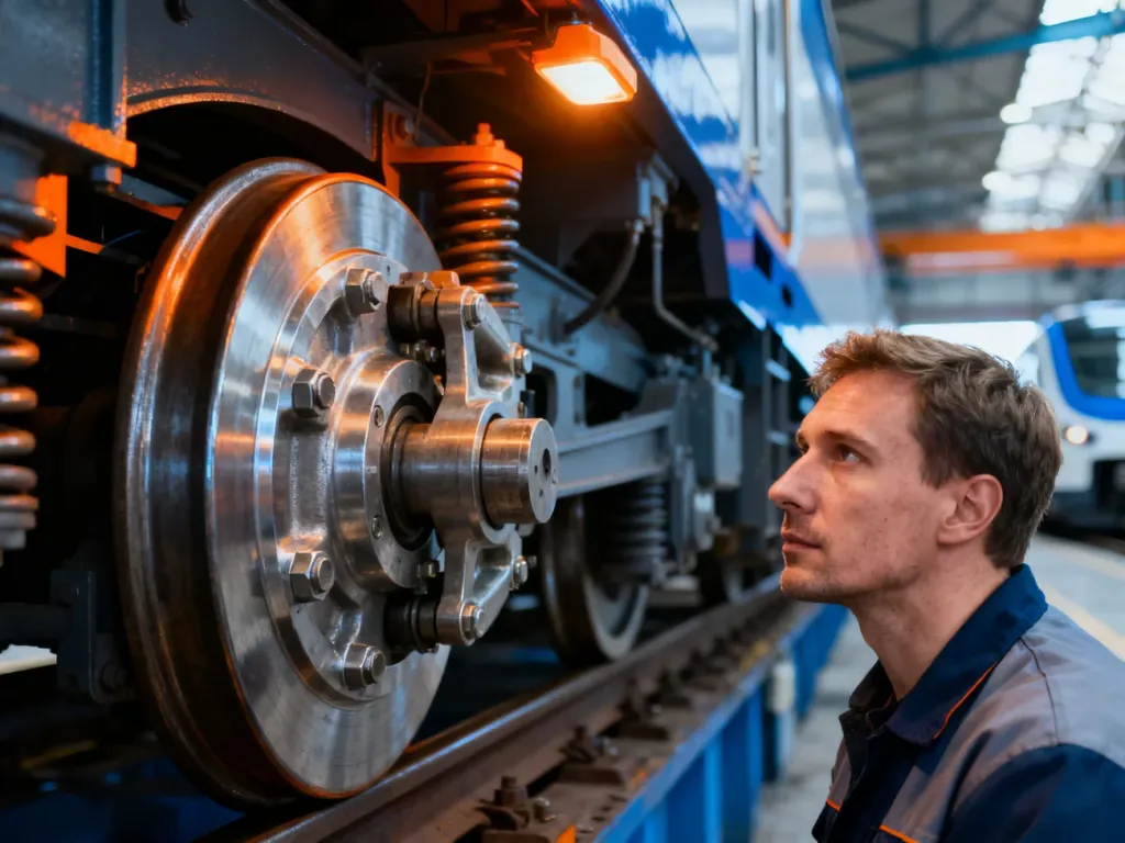Mechanik kolejowy dokonuje szczegółowego przeglądu technicznego zestawu kołowego pociągu w zajezdni.