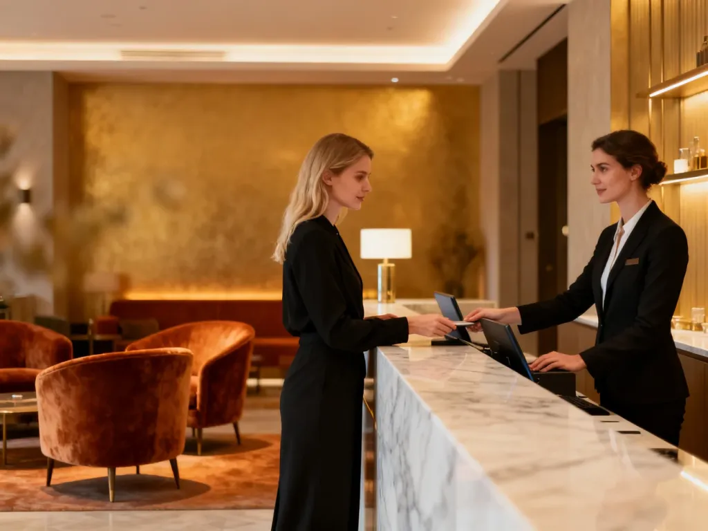 Eleganckie lobby hotelu butikowego z recepcją i przytulną strefą wypoczynkową o nowoczesnym, luksusowym wystroju.