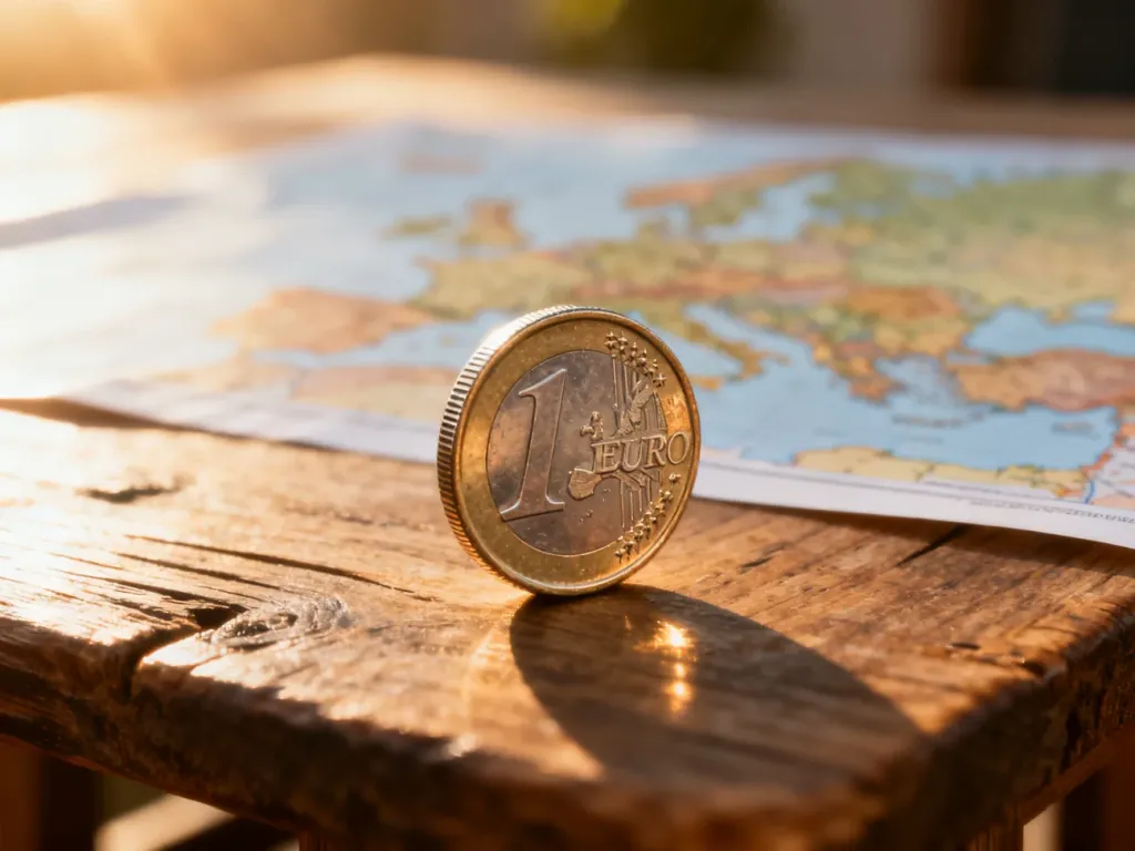 Błyszcząca moneta euro na drewnianym stole na tle rozmytej mapy Europy, symbolizująca walutę obowiązującą na Słowacji.