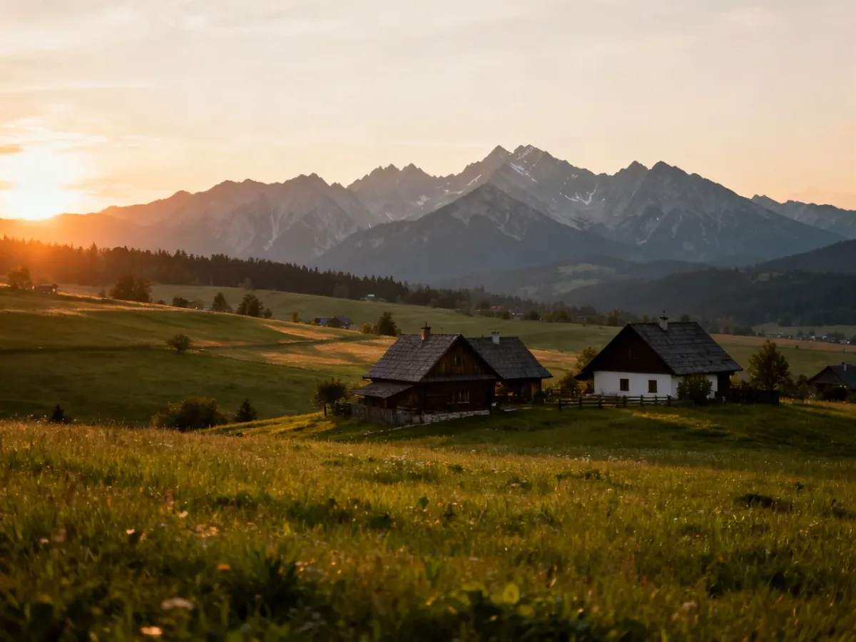 Panorama Tatr z łąkami i domami Gliczarowa Górnego