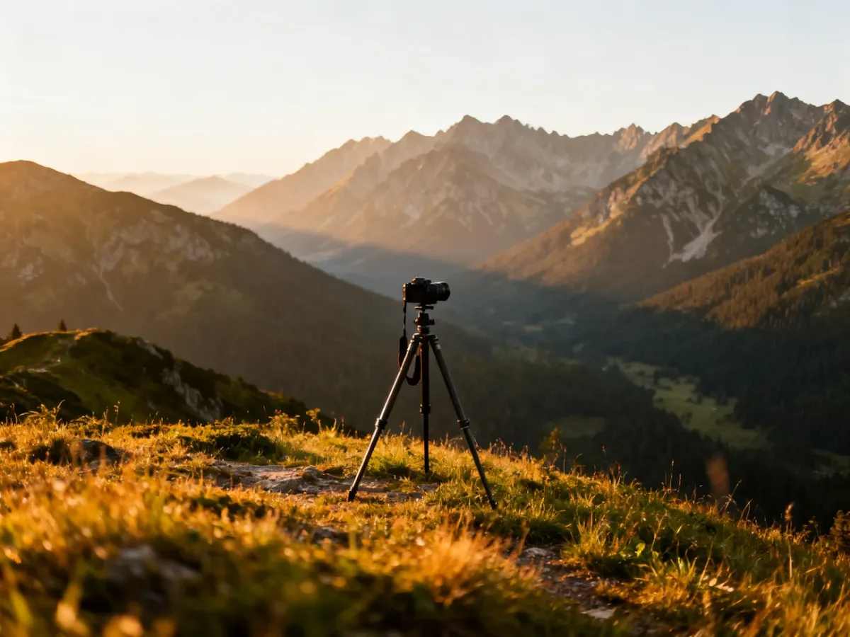Aparat i statyw przygotowane do fotografowania panoramy Tatr o złotej godzinie