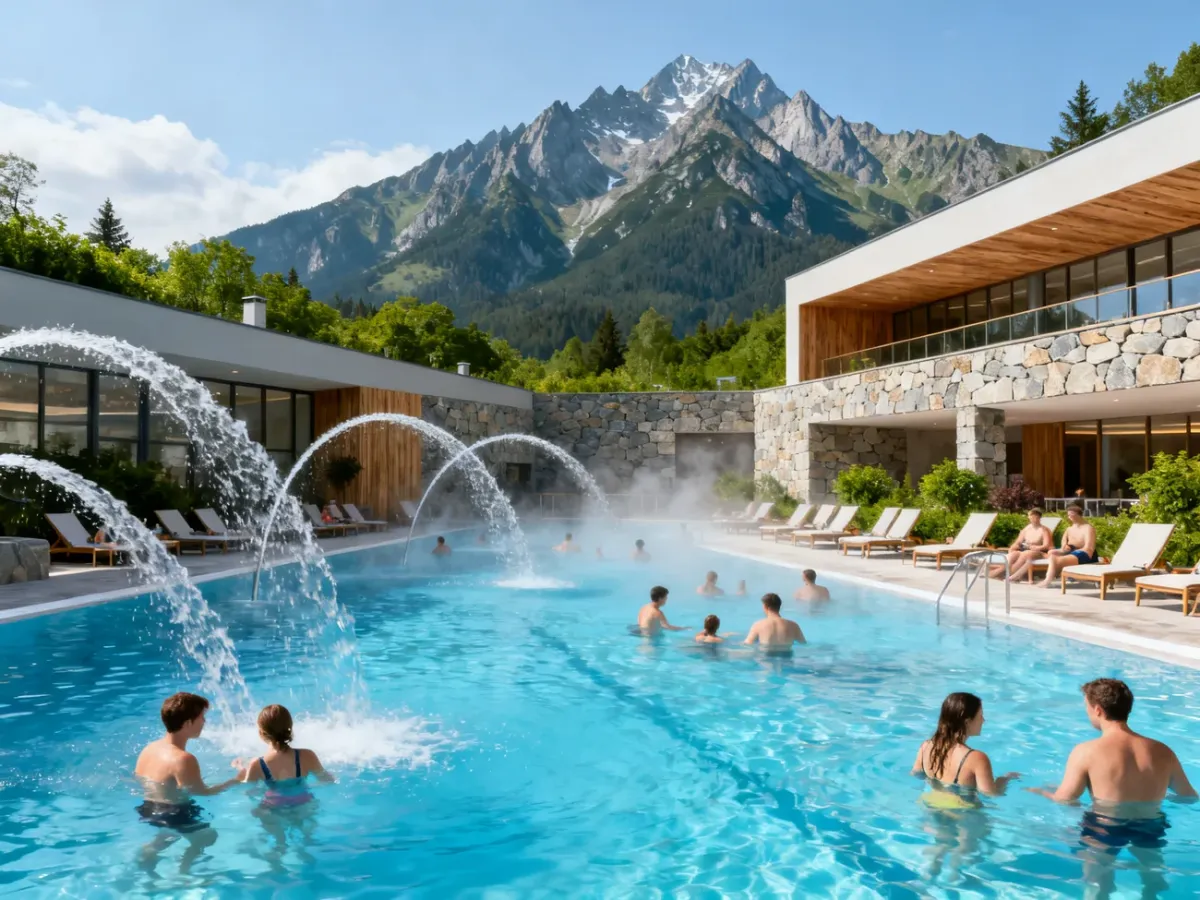 AquaCity Poprad z basenami termalnymi i widokiem na Tatry
