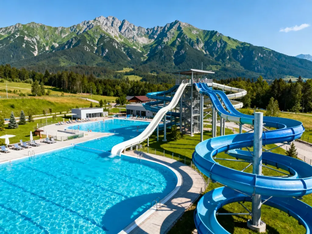 Widok z lotu ptaka na nowoczesny aquapark z basenami i zjeżdżalniami na tle malowniczych Tatr na Słowacji.