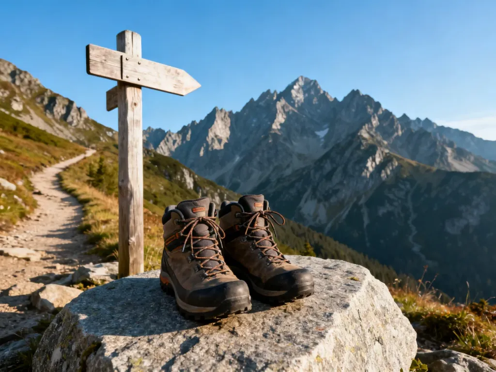 Buty trekkingowe na granitowej skale przy drogowskazie w Tatrach Słowackich na tle majestatycznych gór.