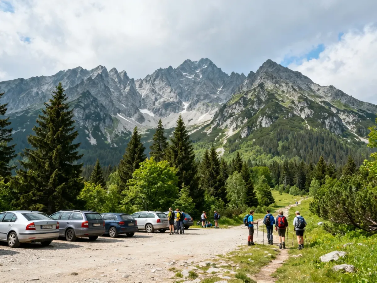 Parking area near the Slovak High Tatras with hikers and mountain peaks