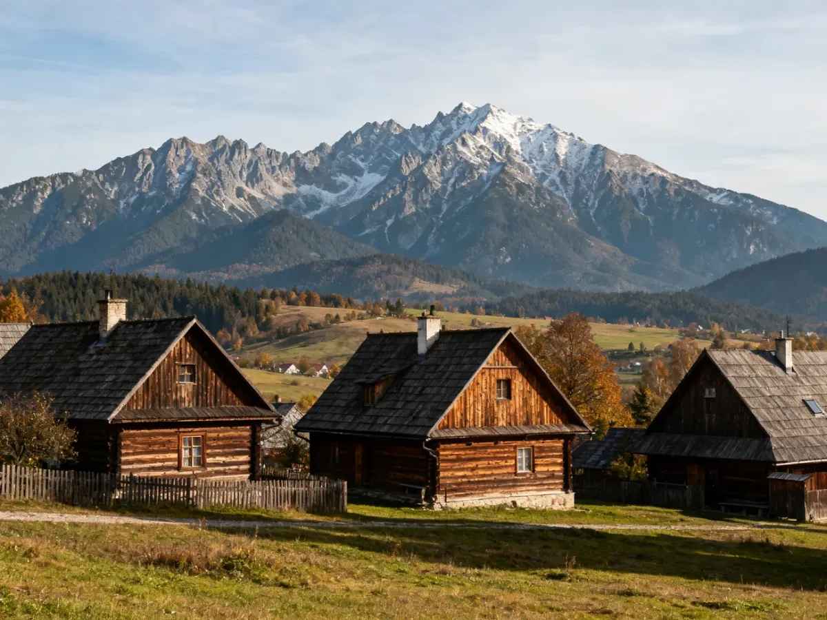 Panoramiczny widok Murzasichla z drewnianymi domami i Tatrami w tle