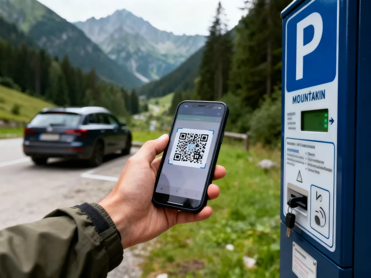 Traveler scanning a parking QR code beside a car in a mountain valley