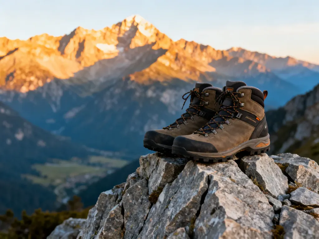 Profesjonalne buty trekkingowe na skalistym szczycie z widokiem na panoramę gór o zachodzie słońca.