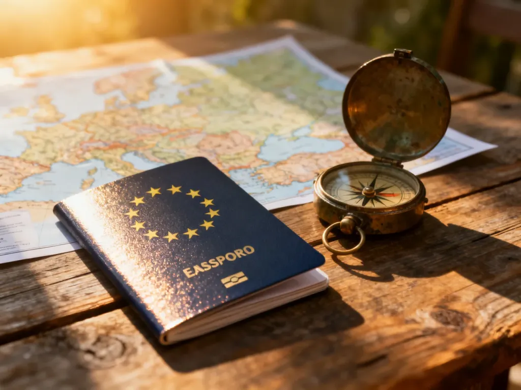 Paszport Unii Europejskiej leżący na drewnianym stole obok kompasu i mapy, symbolizujący przygotowania do podróży.