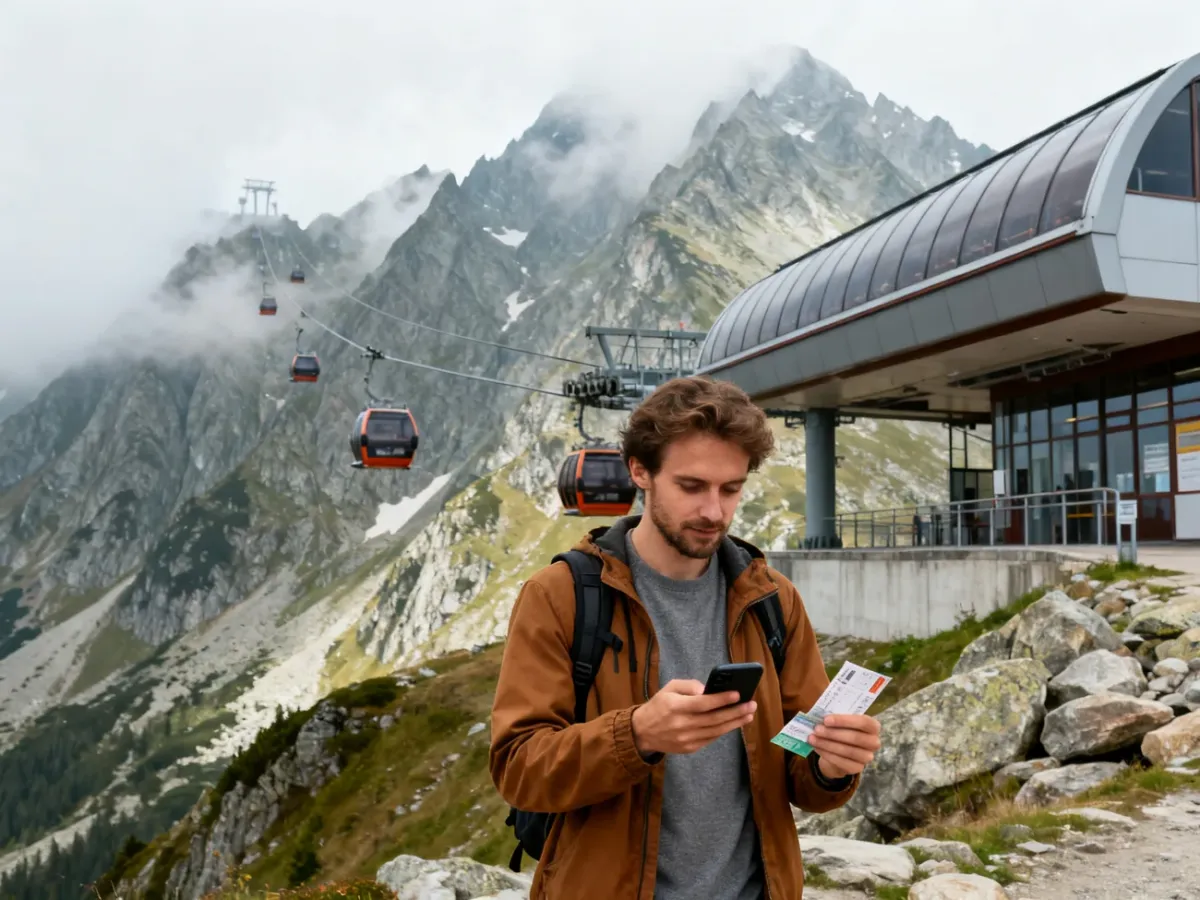 Turysta sprawdzający bilety i informacje przed wyjazdem w Tatry