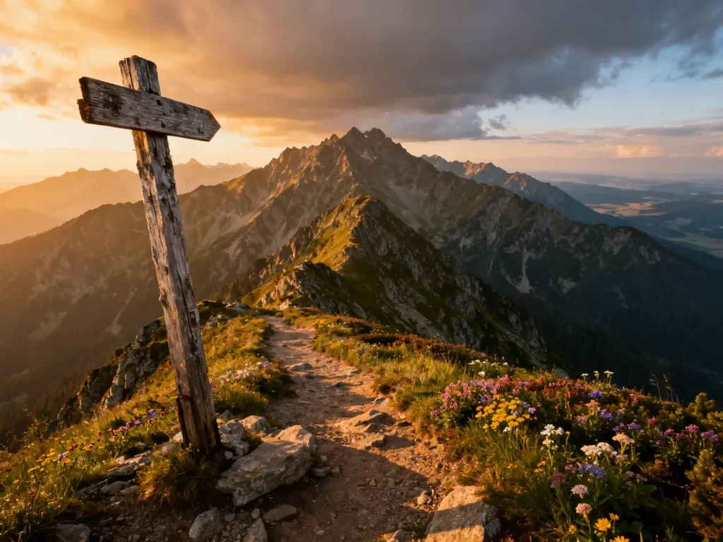 Panoramiczny widok na Tatry o zachodzie słońca ze szlaku górskiego z drewnianym drogowskazem na pierwszym planie.