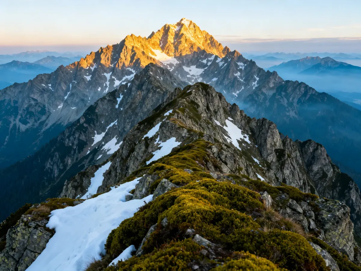 Panoramiczny widok na ośnieżone szczyty Tatr Wysokich w porannym świetle, ukazujący majestatyczne, skaliste granie.